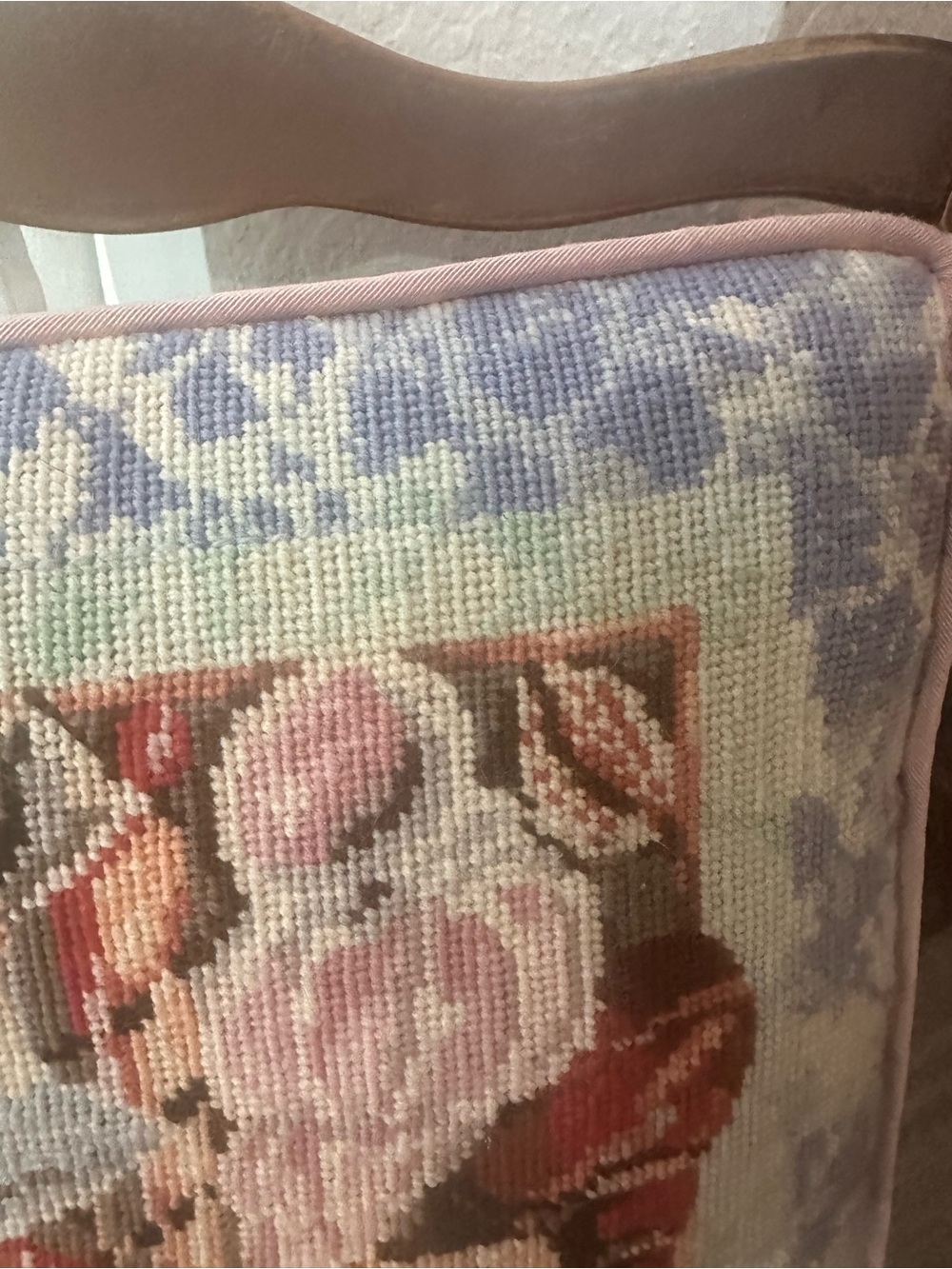 Needlepoint Seashell Pillow - Pastel Pink & Lavender - Picture 2 of 11